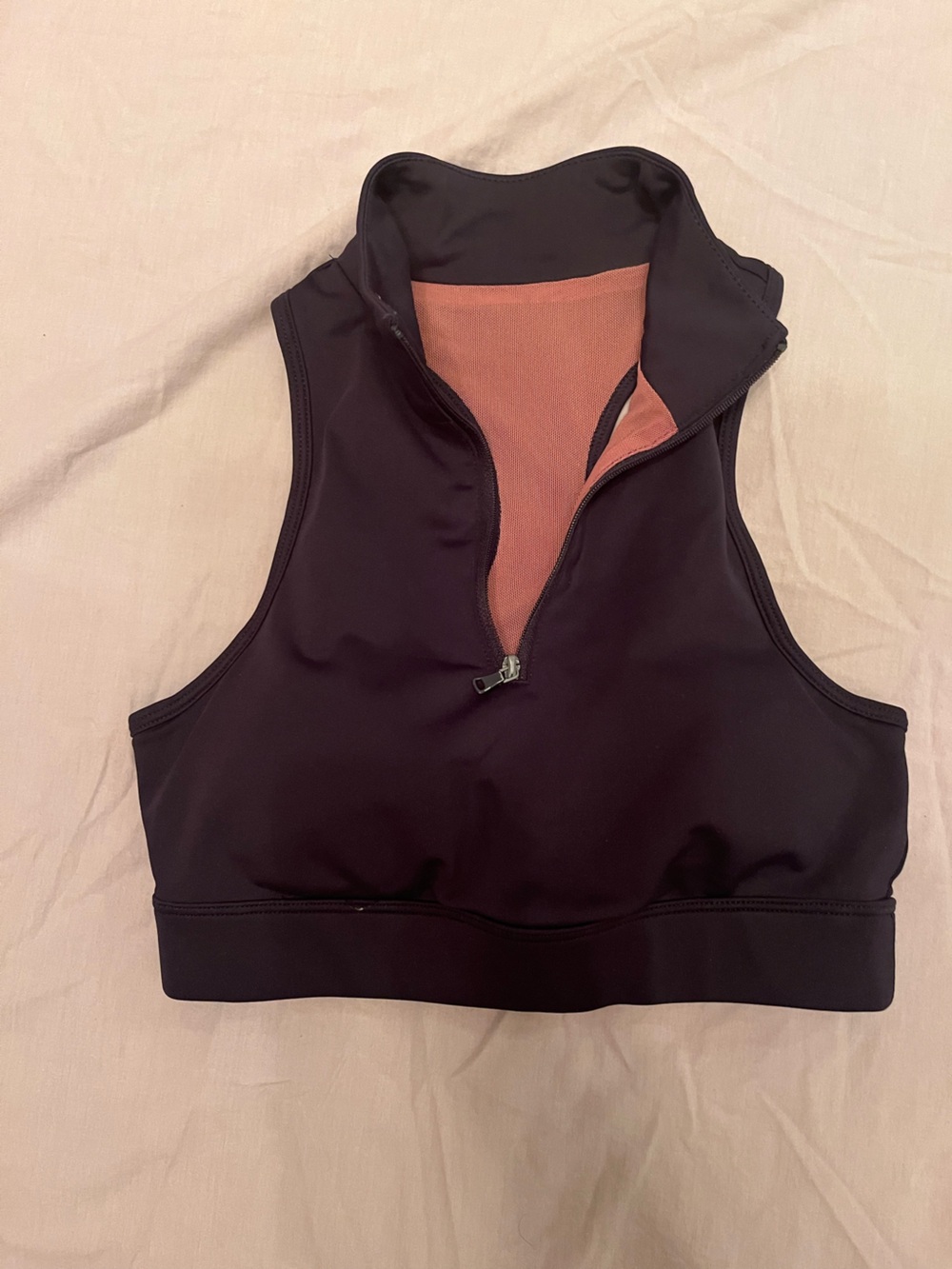 Pomelo Black Zip-Front Crop Sports Bra with Peach Lining